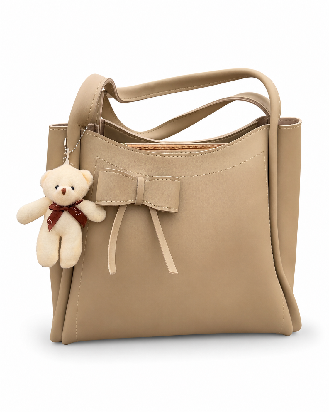 Korean Style Elegant Beige Bow Tote Bag for Women with Teddy Charm | Premium Shoulder Handbag